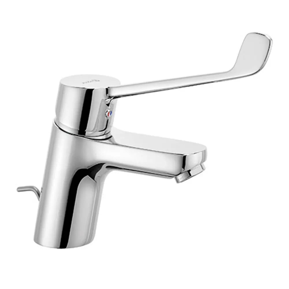 Chromfarbener Waschtischarmatur von Kludi mit einem langen Hebel zum Bedienen. Die Armatur hat eine moderne, klare Form und ist für den Einsatz in Waschtischen konzipiert.